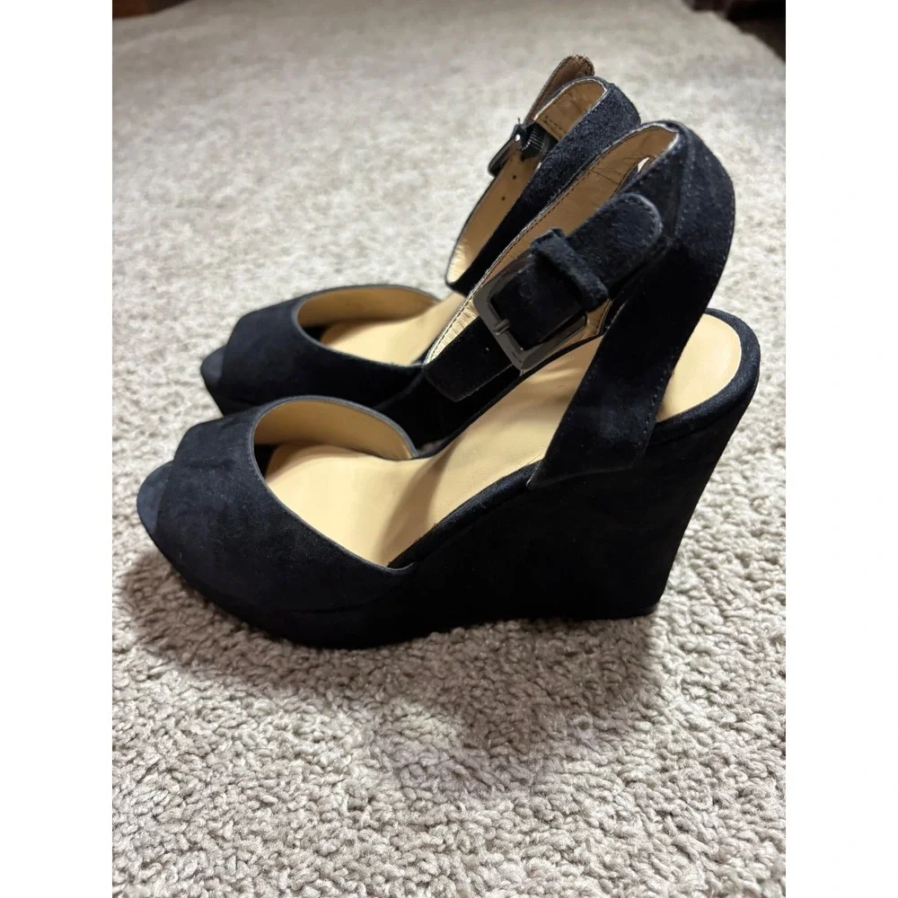 AQUA AQAVA Black Suede Wedge Platform Sandals Peep Toe Ankle Strap Heels 6.5M